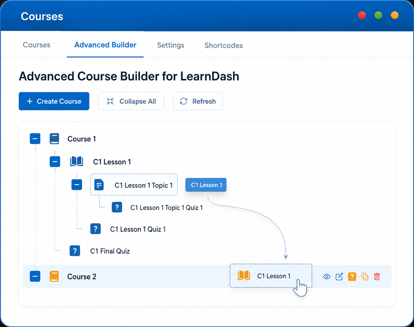 Streamlining LearnDash course management using a single-screen drag-and-drop builder to move a lesson from Course 1 into Course 2 seamlessly.
