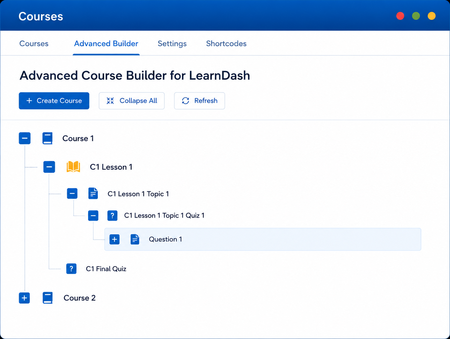Streamlining LearnDash course management by adding and organizing quiz questions directly within the visual curriculum hierarchy on a single screen.