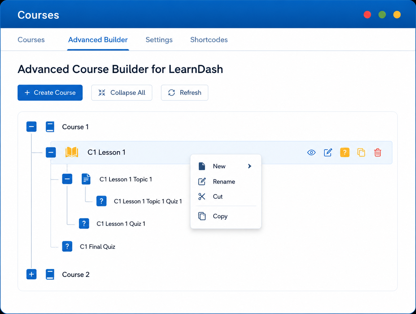 Efficient LearnDash course management using an inline context menu to copy and clone a lesson hierarchy instantly on a single workspace.