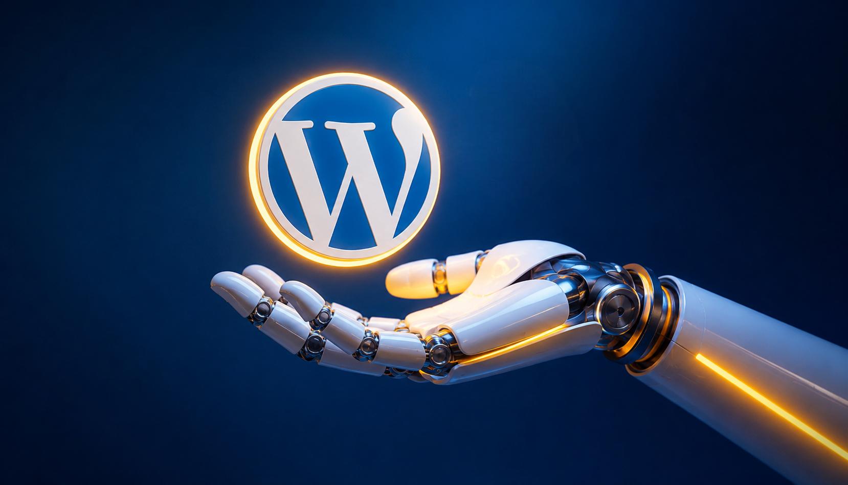 Futuristic AI hand with a floating WordPress logo illustrating WordPress AI integration