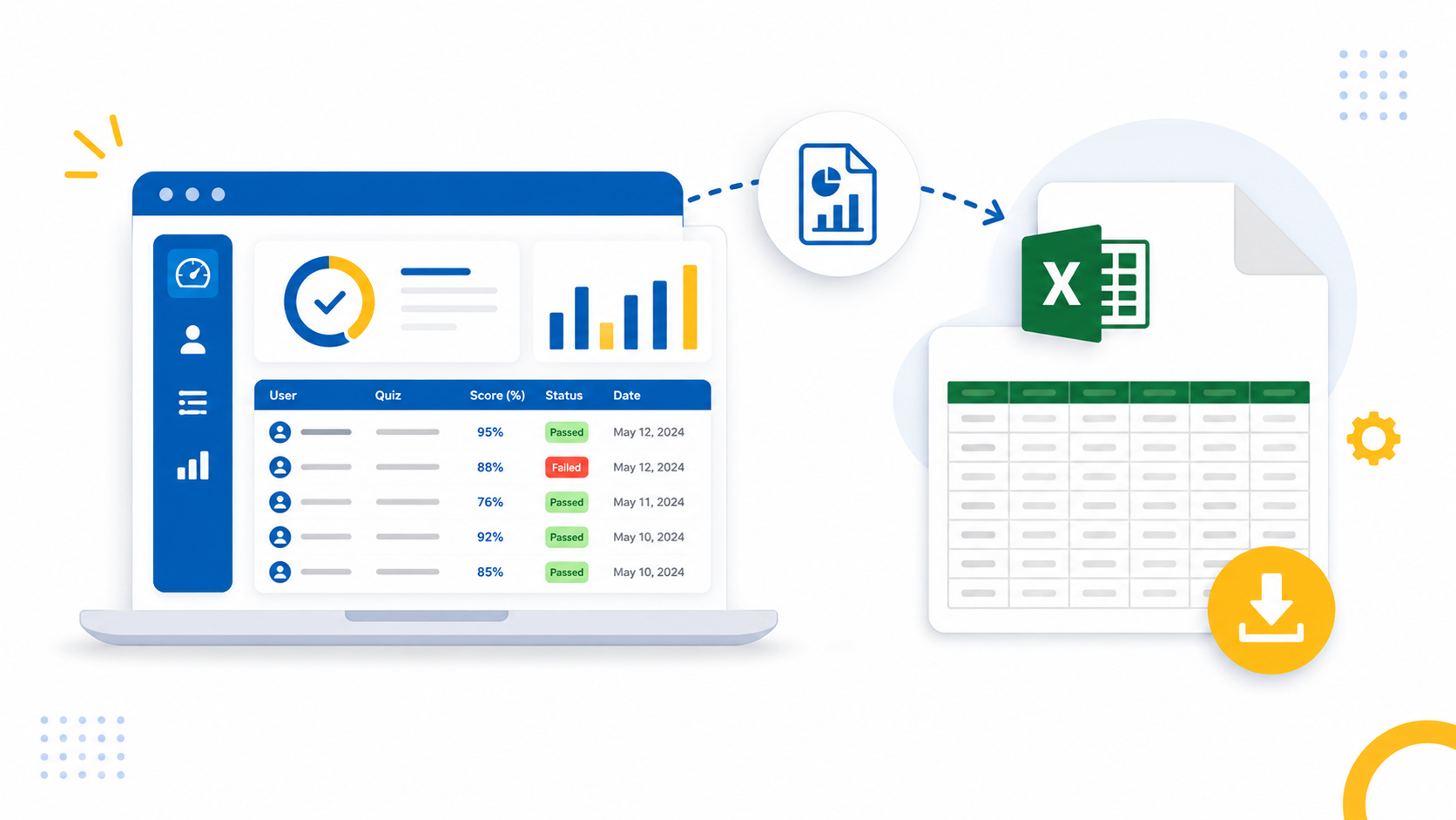 An illustration demonstrating how to export detailed LearnDash Quiz Reports from an LMS dashboard directly into a Microsoft Excel spreadsheet with a download button.
