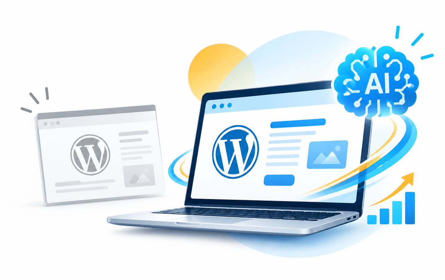 Diagram illustrating WordPress AI integration for website optimization, showing a laptop with the WordPress logo and a shining AI brain icon.
