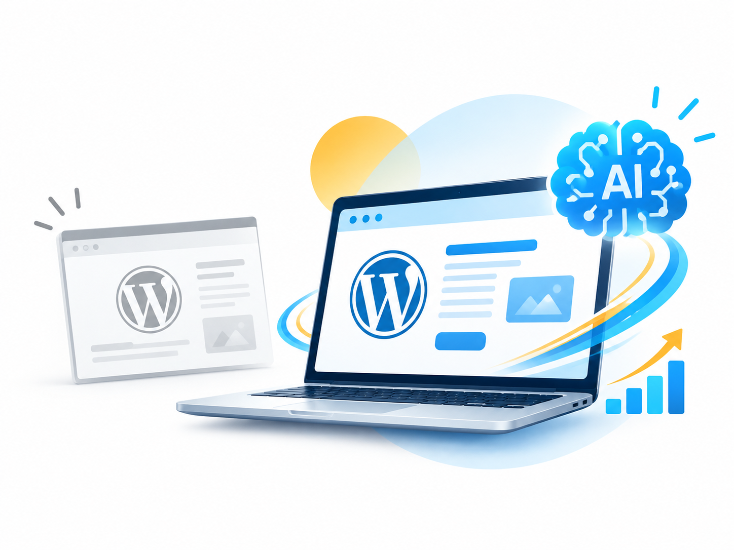Diagram illustrating WordPress AI integration for website optimization, showing a laptop with the WordPress logo and a shining AI brain icon.