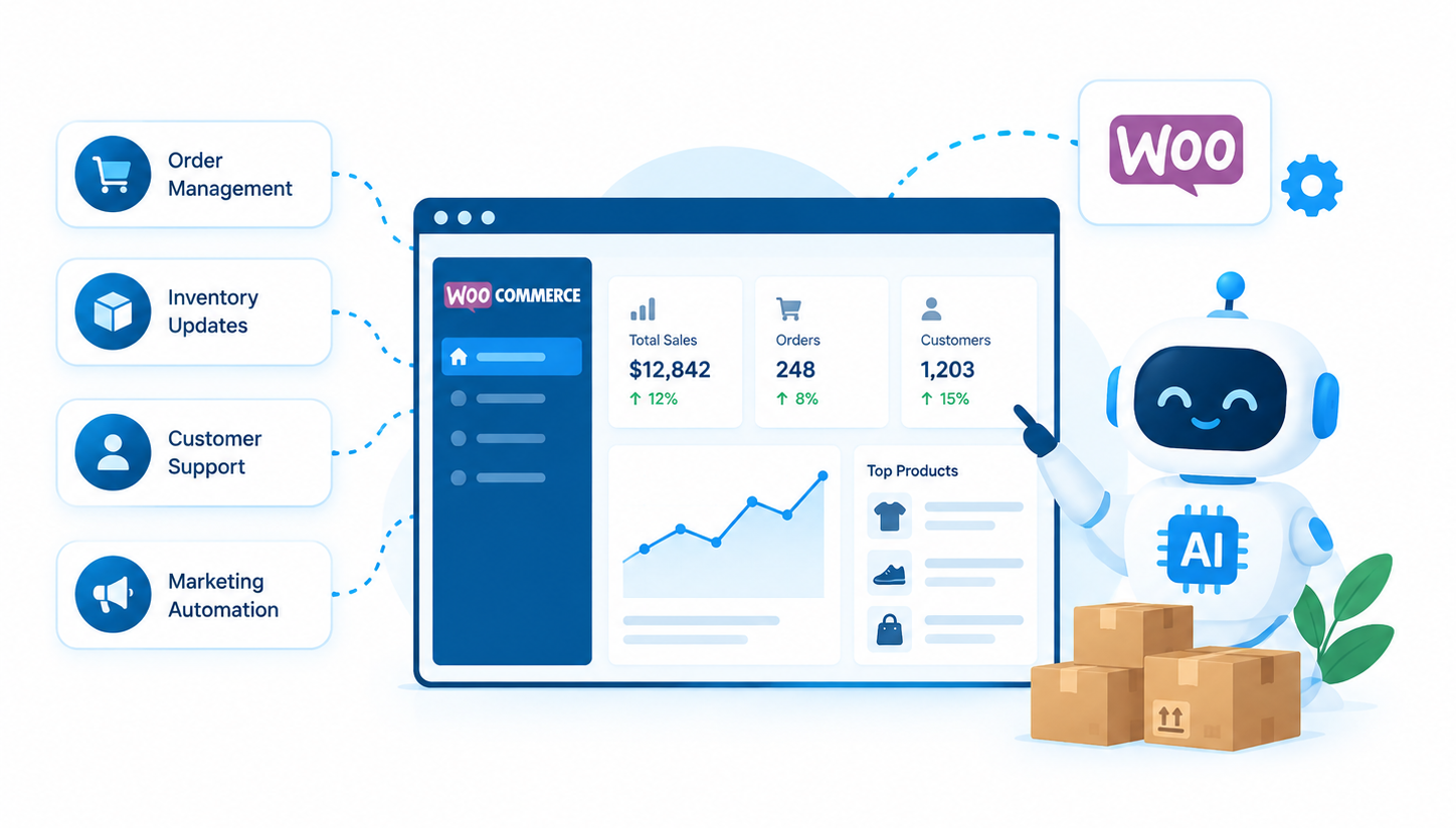 Diagram showing an AI robot assistant integrated with a WooCommerce store dashboard, illustrating how to optimize website for AI search and e-commerce automation.