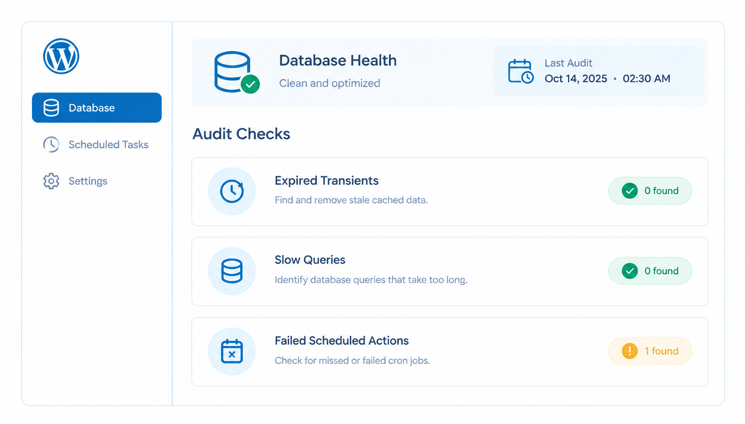 WordPress Database Health dashboard displaying audit checks for expired transients, slow queries, and failed scheduled cron actions.