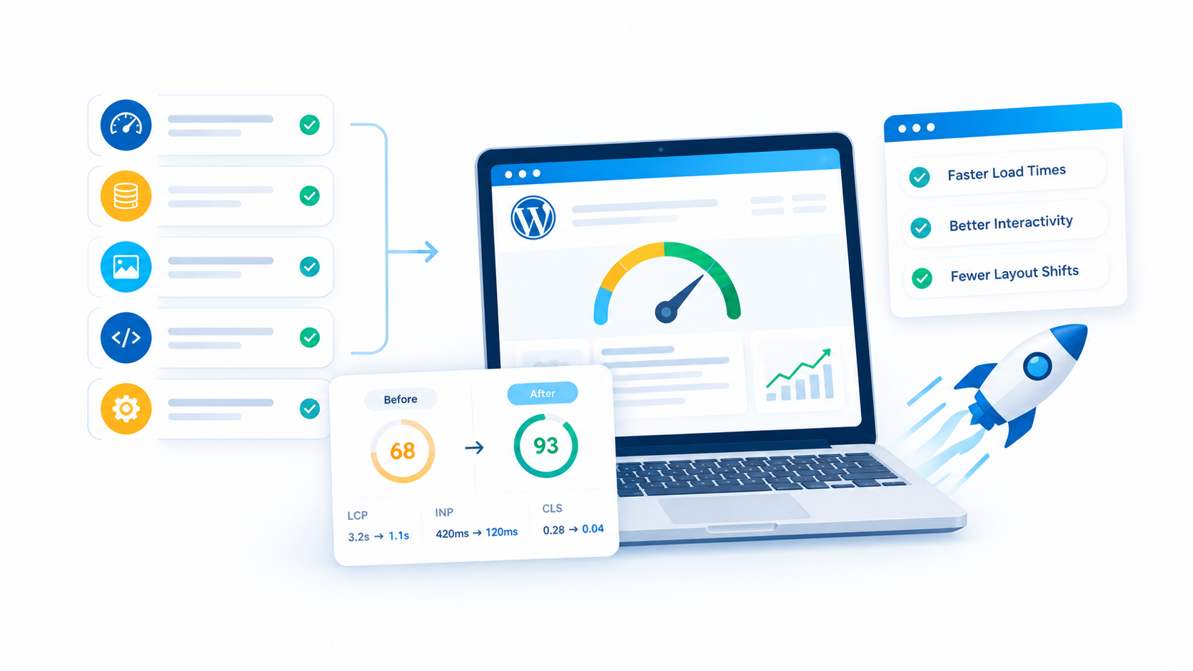Laptop displaying a WordPress performance optimization dashboard with a speed score increase from 68 to 93 and improved Core Web Vitals.