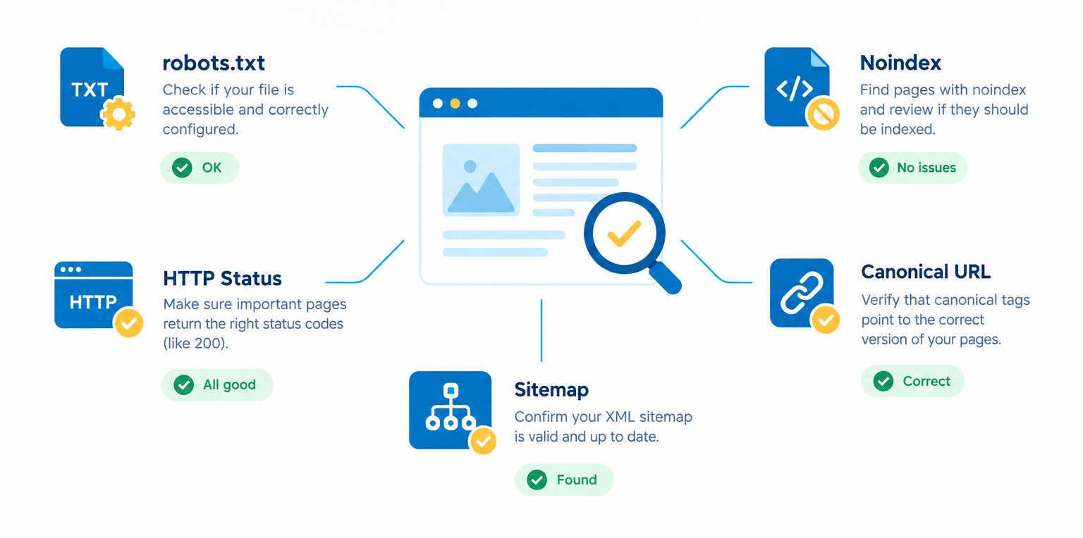 Technical SEO audit checklist diagram outlining robots.txt, HTTP status, sitemap, noindex tags, and canonical URLs to optimize website for AI search.